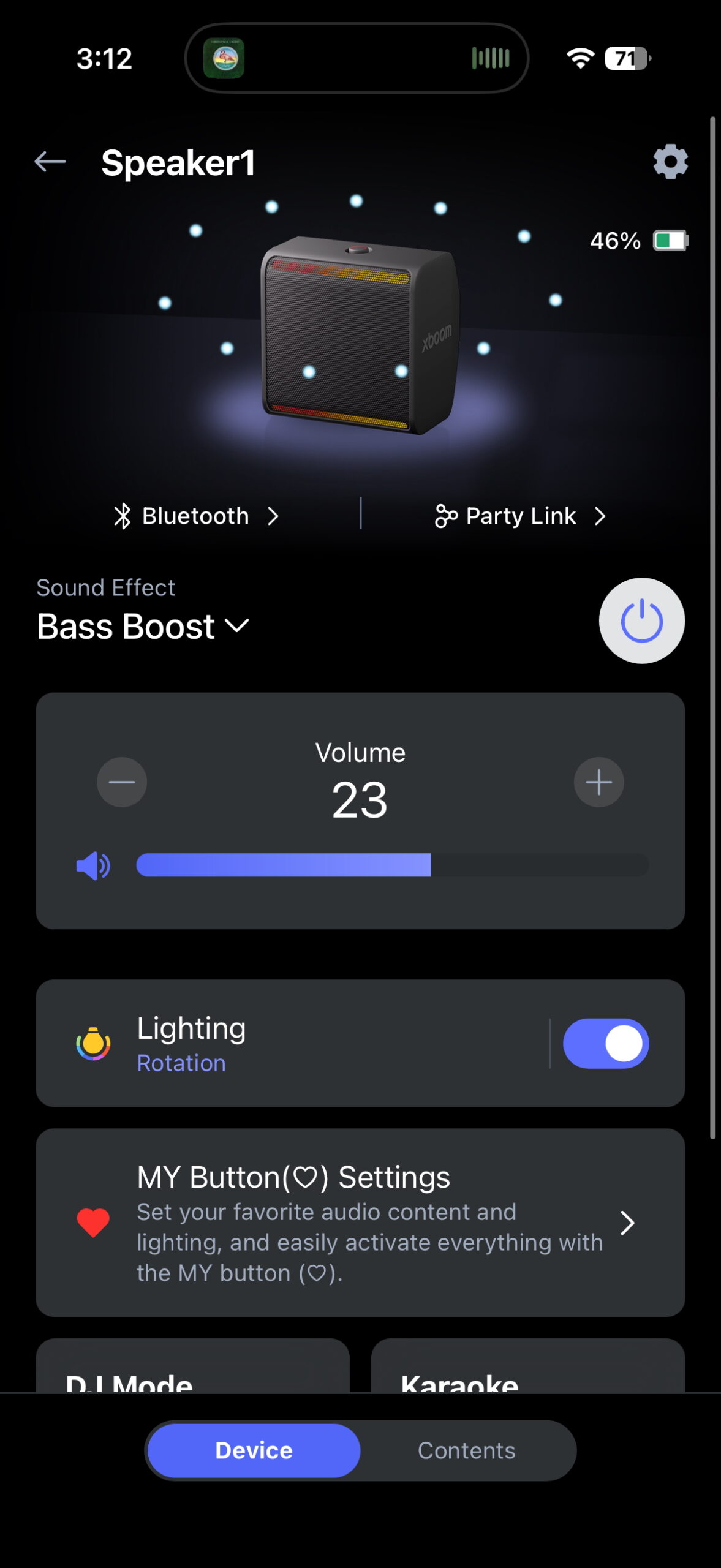 Screenshot of the LG ThinQ app while connected to the xboom Stage 301