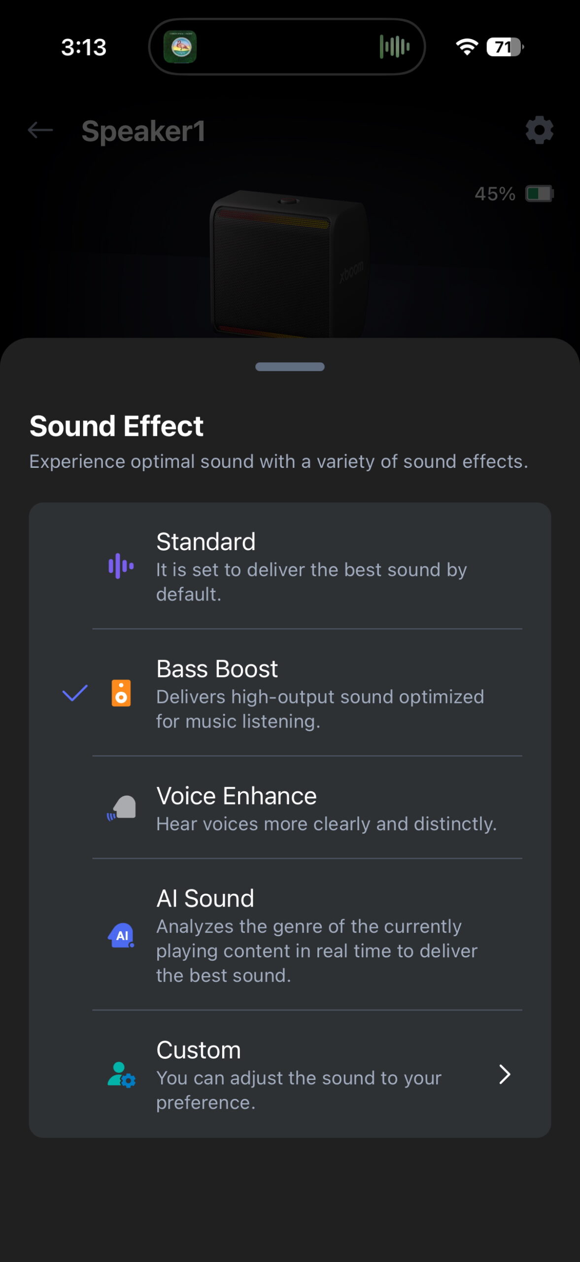 Screenshot of the LG ThinQ app while connected to the xboom Stage 301