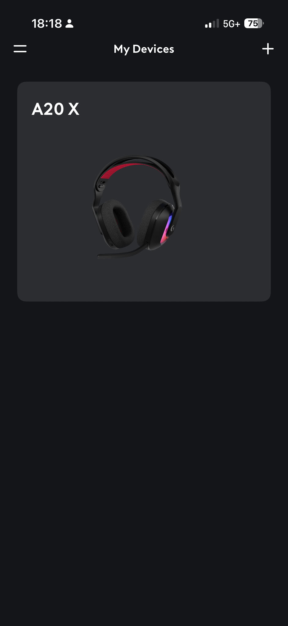 Logitech G Hub mobile app with the A20 X in the device list.