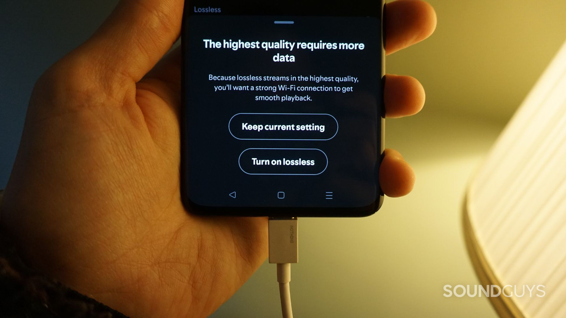 Spotify-Lossless-settings A photograph of the Spotify Lossless settings menu on the Spotify mobile app.