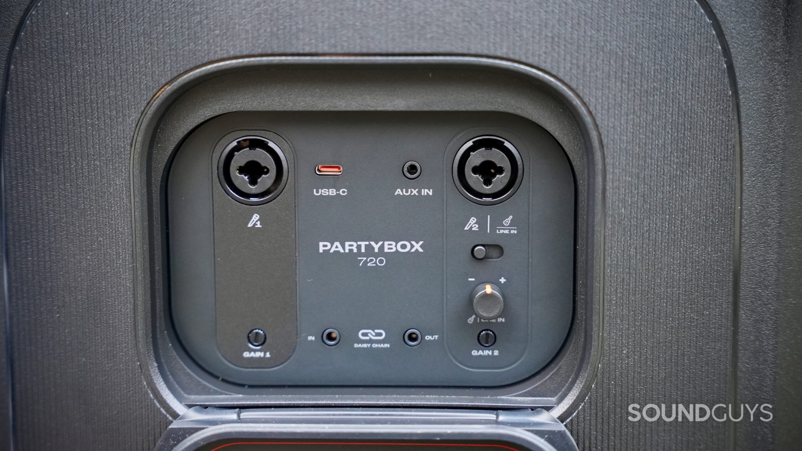 The rear I/O panel of the JBL PartyBox 720, showing XLR-1/4" inputs and USB connectivity.