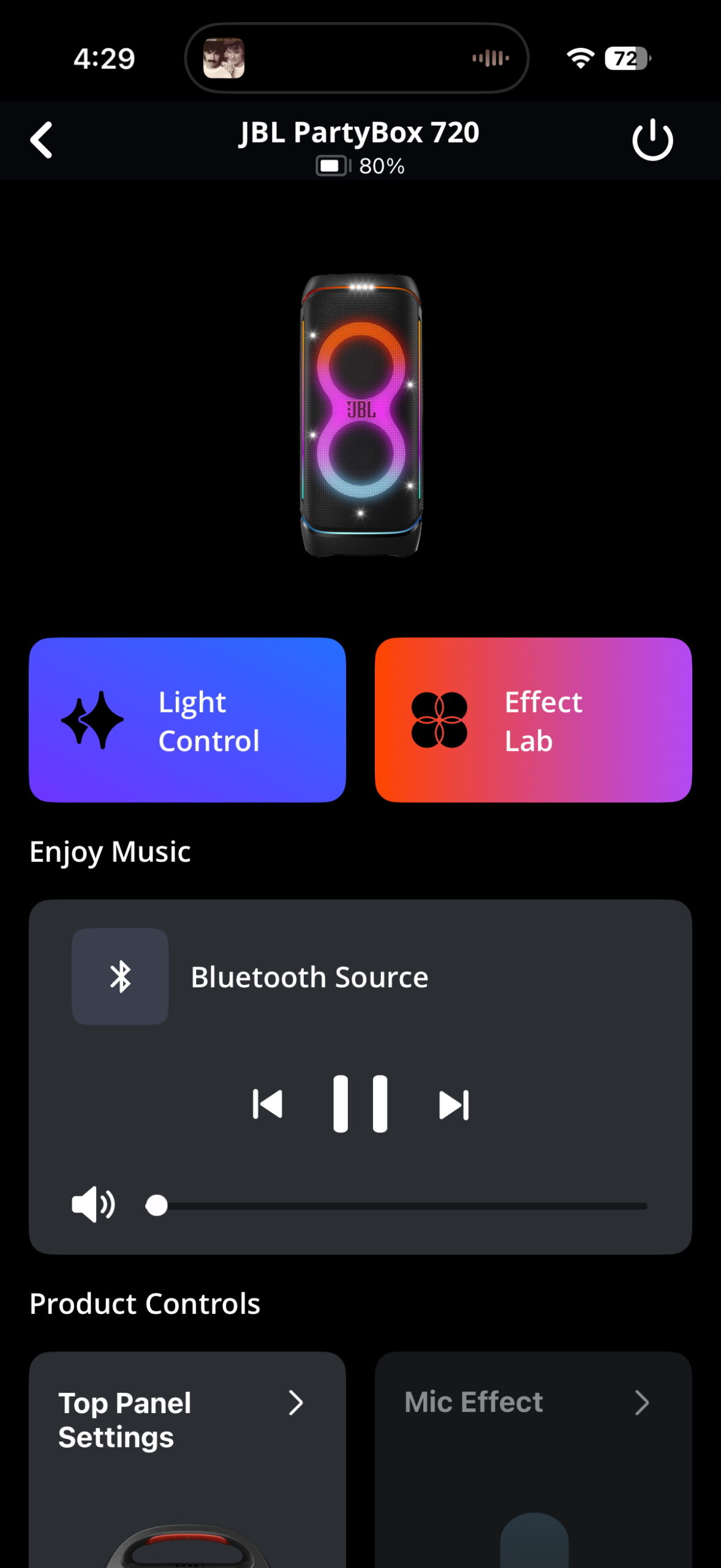 Screenshot of the JBL Portable app while connected to a PartyBox 720.