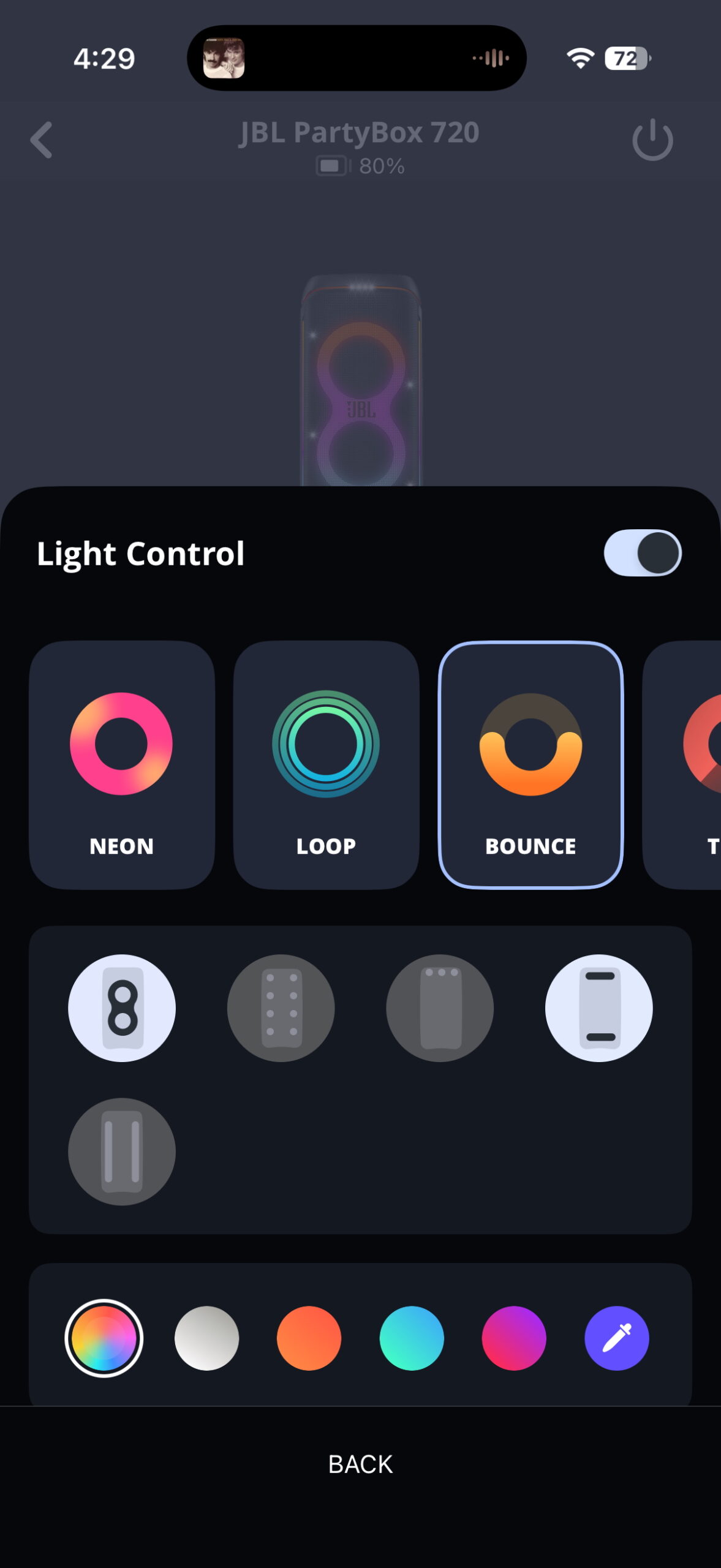 Screenshot of the JBL Portable app while connected to a PartyBox 720.