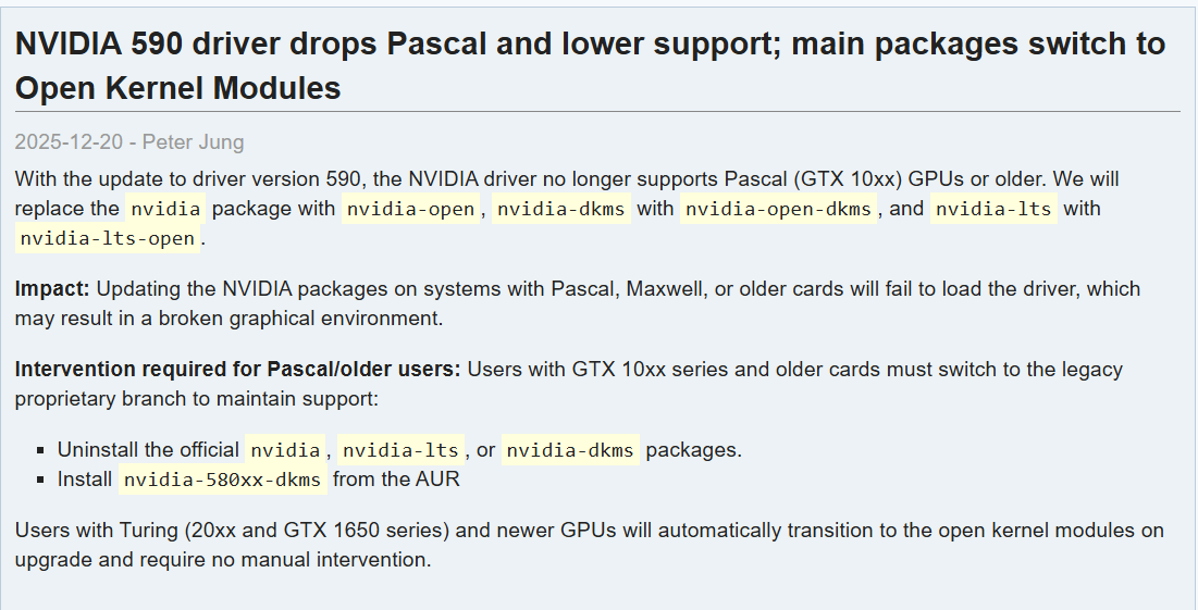 Arch Linux nukes Pascal support